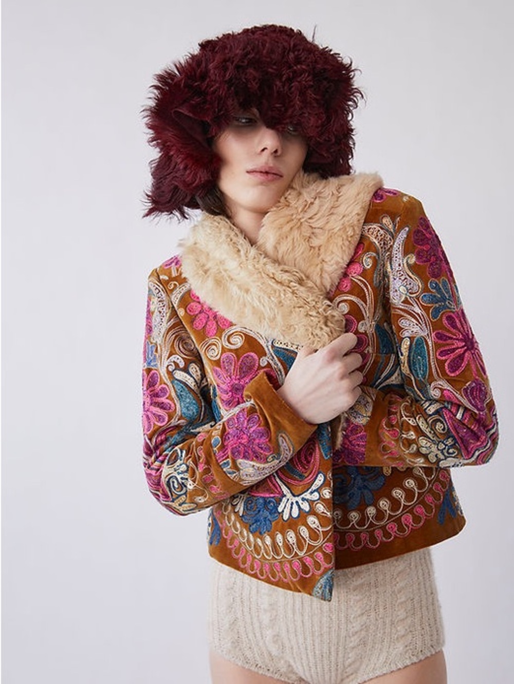 NWT TACH Embroidered Brown Blue & Pink Jacket with Removable Faux-Fur Collar XS